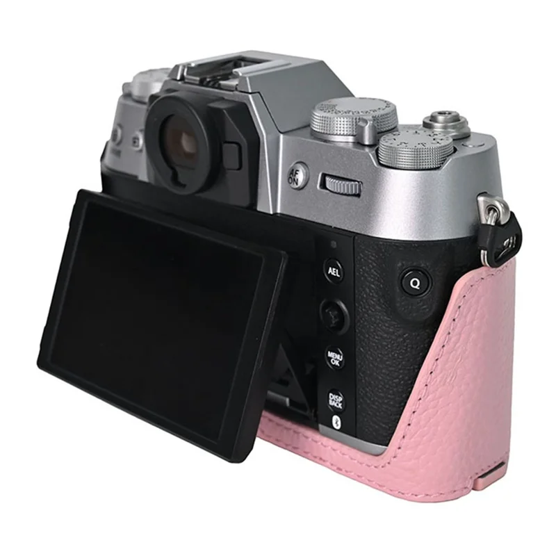 For Fujifilm X-T50 Camera Case Large Opening Genuine Cow Leather Protector with Shoulder Strap - Pink