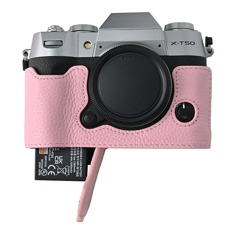 For Fujifilm X-T50 Camera Case Large Opening Genuine Cow Leather Protector with Shoulder Strap - Pink