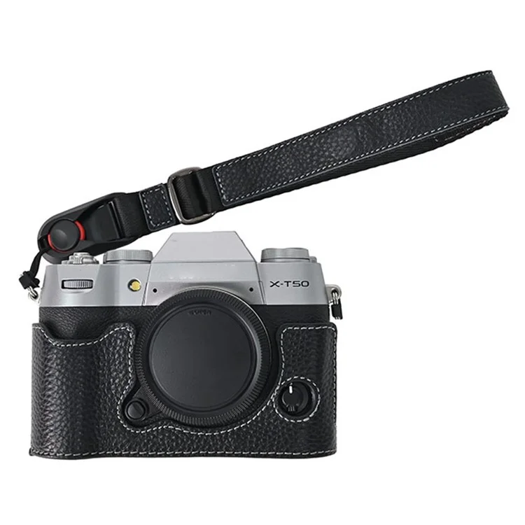 For Fujifilm X-T50 Camera Case Large Opening Genuine Cow Leather Protector with Wrist Strap - Black