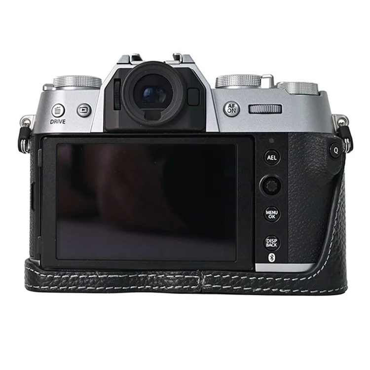 For Fujifilm X-T50 Camera Case Large Opening Genuine Cow Leather Protector with Wrist Strap - Black