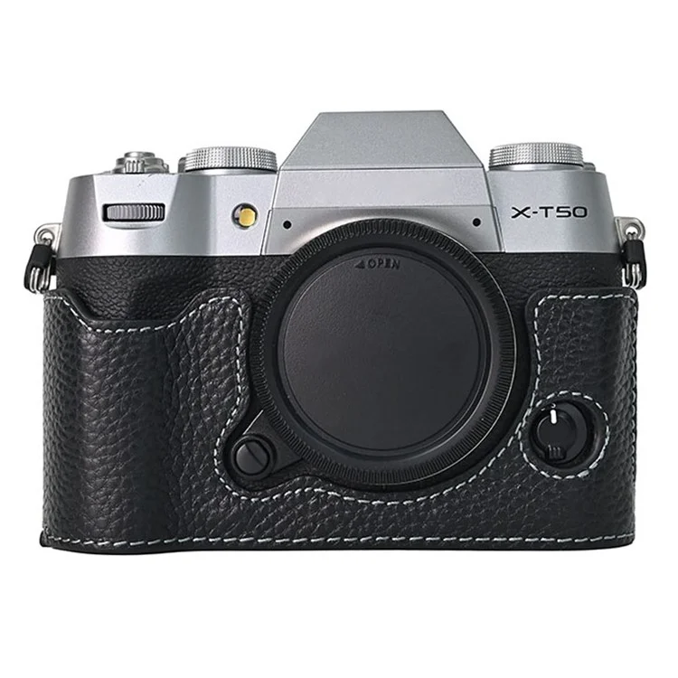 For Fujifilm X-T50 Camera Bottom Cover Case Large Opening Design Genuine Cow Leather Protector - Black