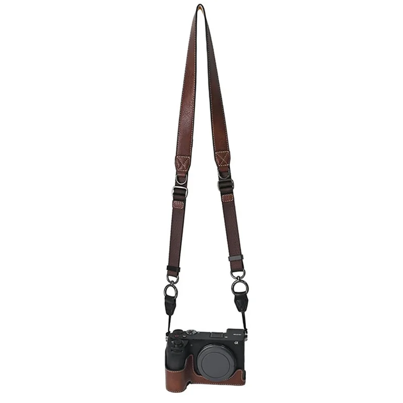 For Sony A6700 Camera Case Large Cutout PU Leather Protector with Shoulder Strap - Coffee