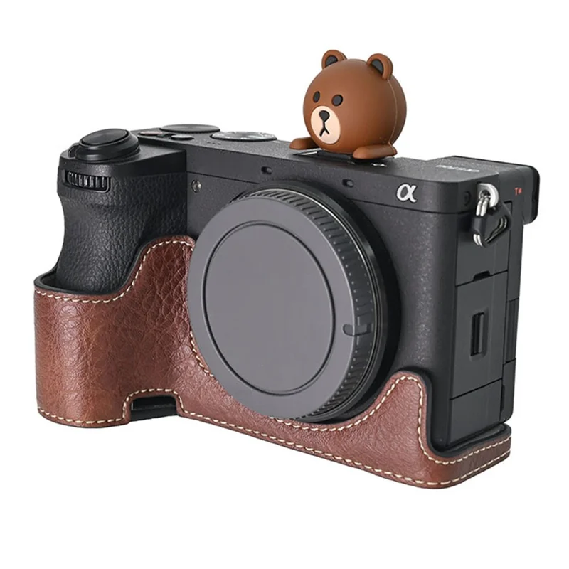 For Sony A6700 Camera Case Large Cutout PU Leather Protector with Shoulder Strap - Coffee