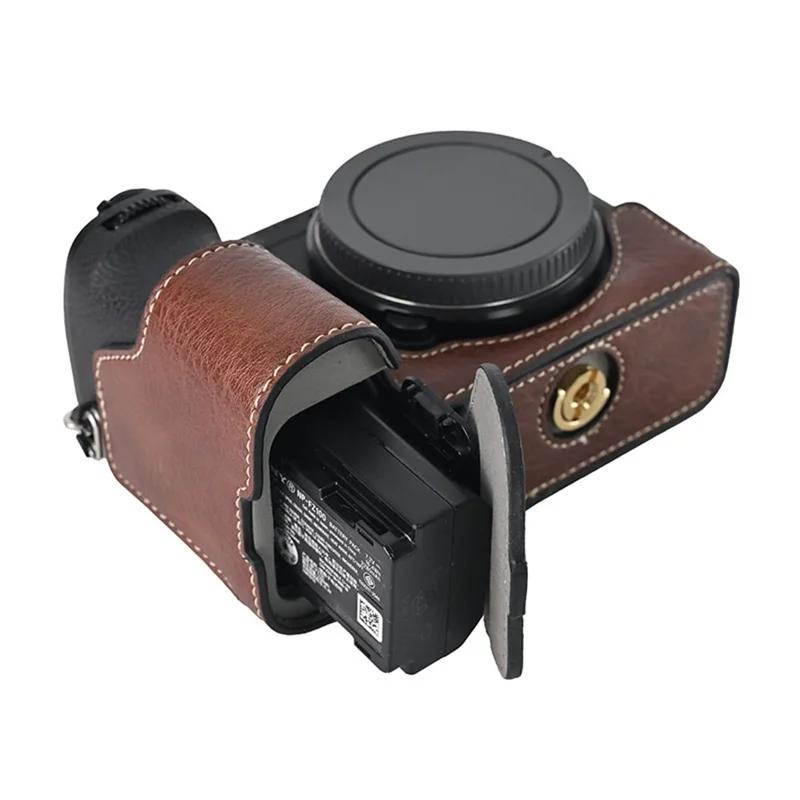 For Sony A6700 Camera Case Large Cutout PU Leather Protector with Shoulder Strap - Coffee