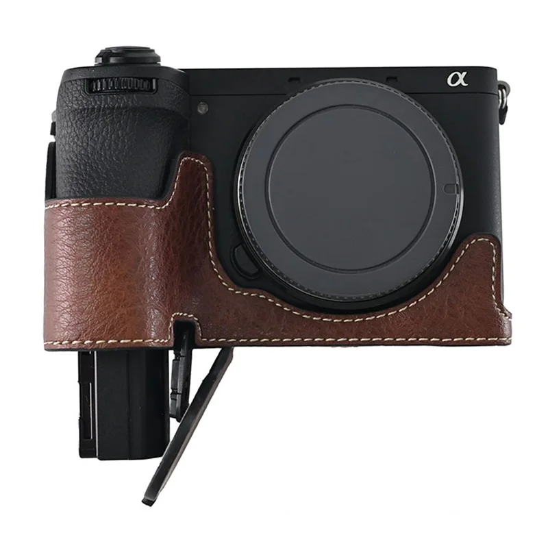 For Sony A6700 Camera Case Large Cutout PU Leather Protector with Shoulder Strap - Coffee