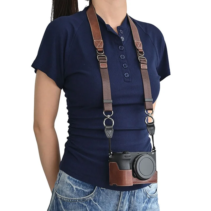 For Sony A6700 Camera Case Large Cutout PU Leather Protector with Shoulder Strap - Coffee