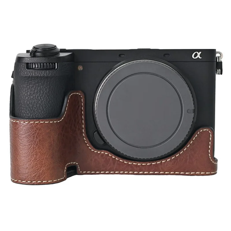 For Sony A6700 Camera Case Large Cutout PU Leather Protector with Shoulder Strap - Coffee