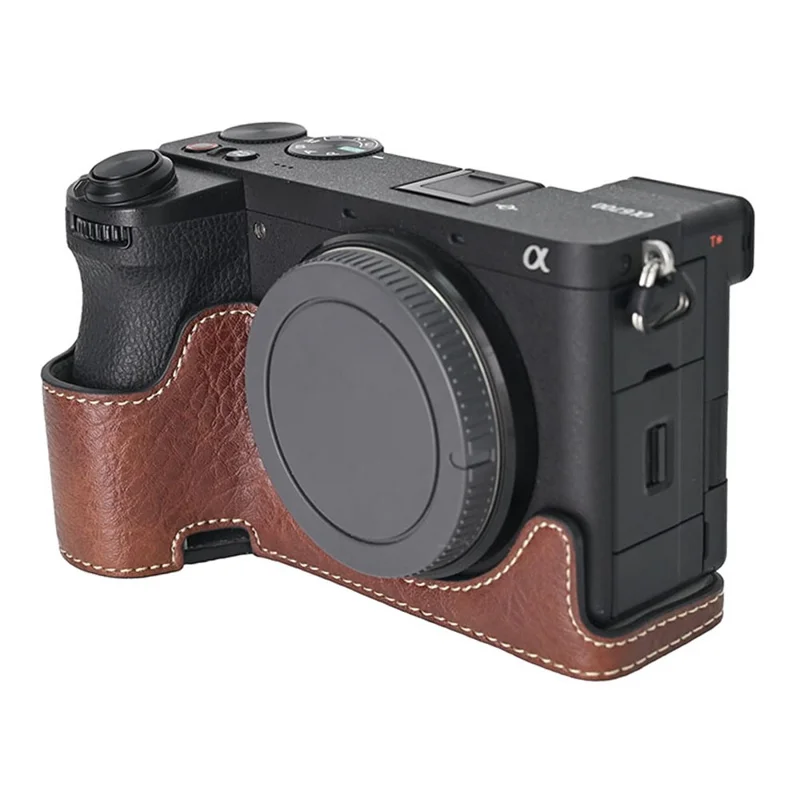 For Sony A6700 Camera Case Large Cutout PU Leather Protector with Shoulder Strap - Coffee