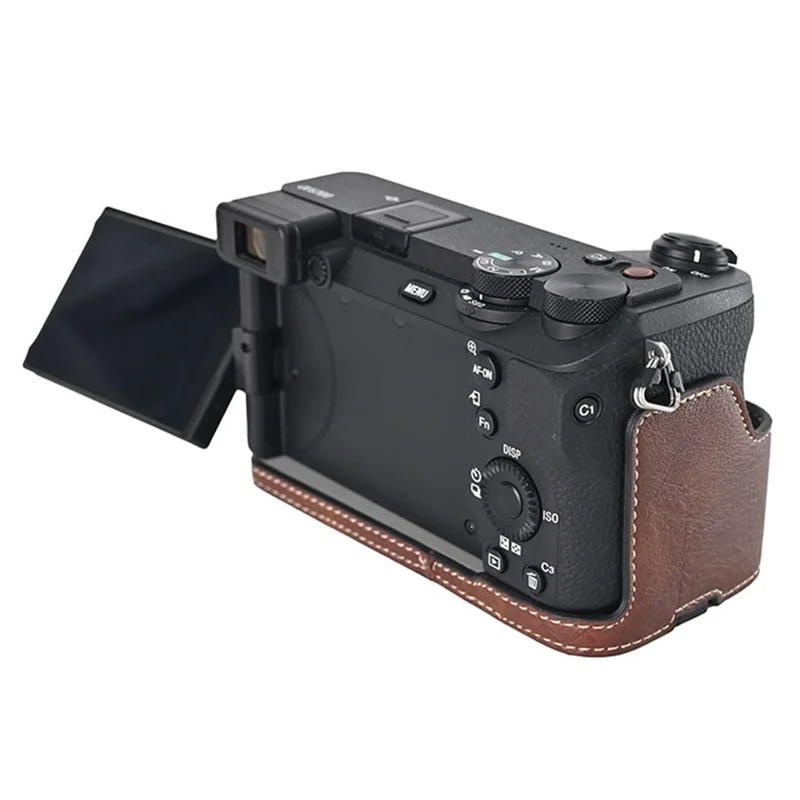 For Sony A6700 Camera Case Large Cutout PU Leather Protector with Shoulder Strap - Coffee