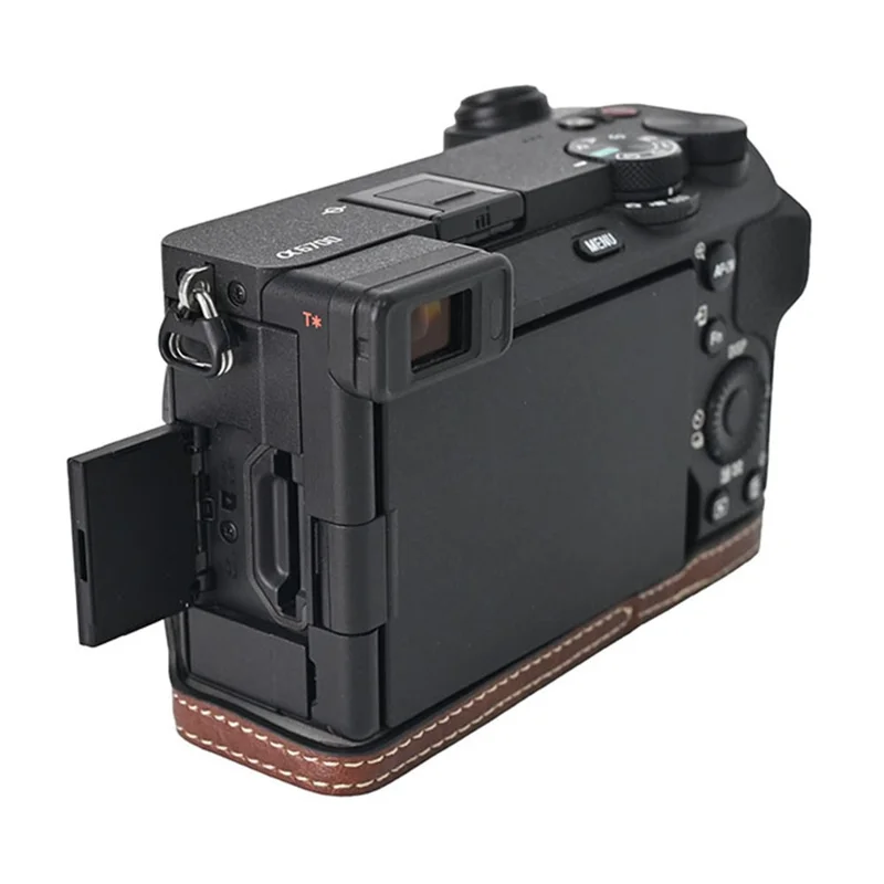 For Sony A6700 Camera Case Large Cutout PU Leather Protector with Shoulder Strap - Coffee