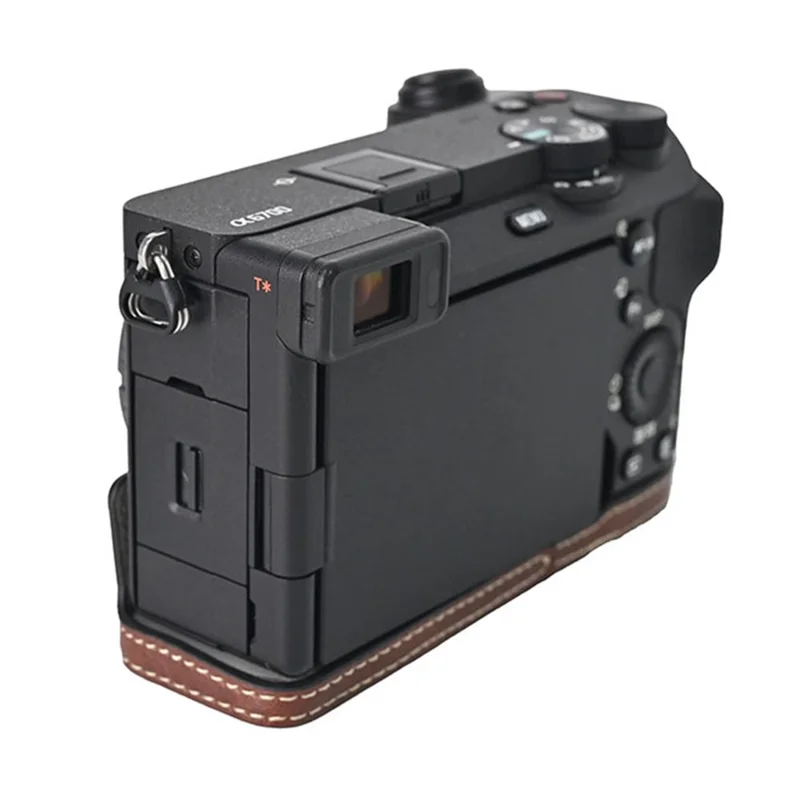 For Sony A6700 Camera Case Large Cutout PU Leather Protector with Shoulder Strap - Coffee