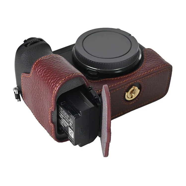 Pour Sony A6700 Camera Case Grande Ouverture Véritable Protecteur de Cuir de Vache Avec Bandoulière - Café