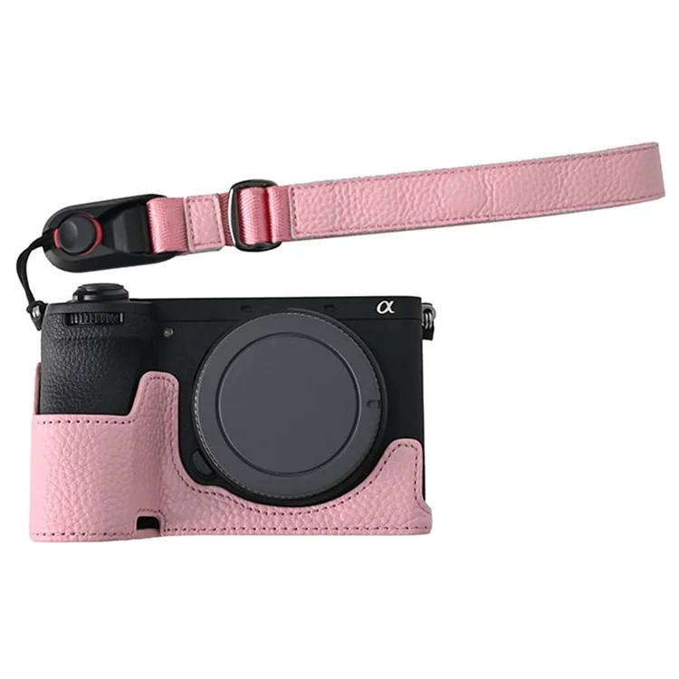 For Sony A6700 Camera Case Large Opening Genuine Cow Leather Protector with Wrist Strap - Pink
