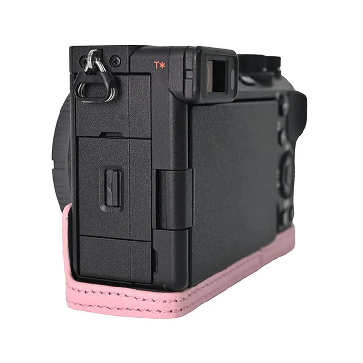 For Sony A6700 Camera Case Large Opening Genuine Cow Leather Protector with Wrist Strap - Pink