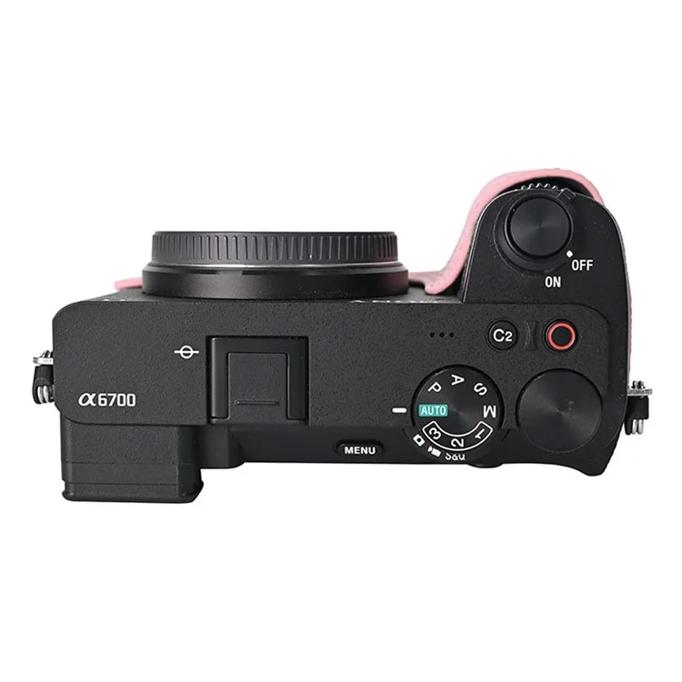For Sony A6700 Camera Case Large Opening Genuine Cow Leather Protector with Wrist Strap - Pink