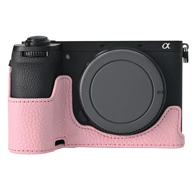For Sony A6700 Camera Case Large Opening Genuine Cow Leather Protector with Wrist Strap - Pink