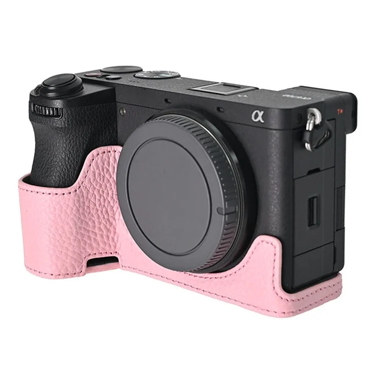For Sony A6700 Camera Case Large Opening Genuine Cow Leather Protector with Wrist Strap - Pink