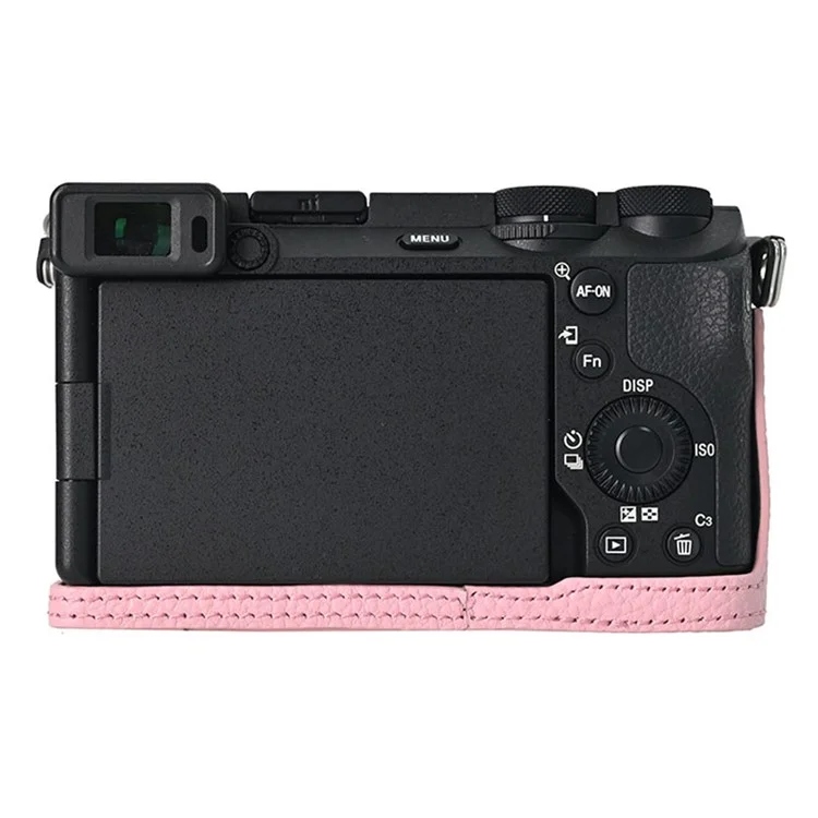 For Sony A6700 Camera Case Large Opening Genuine Cow Leather Protector with Wrist Strap - Pink
