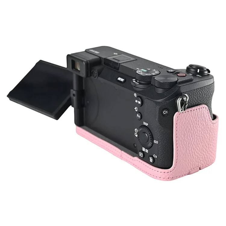For Sony A6700 Camera Case Large Opening Genuine Cow Leather Protector with Wrist Strap - Pink