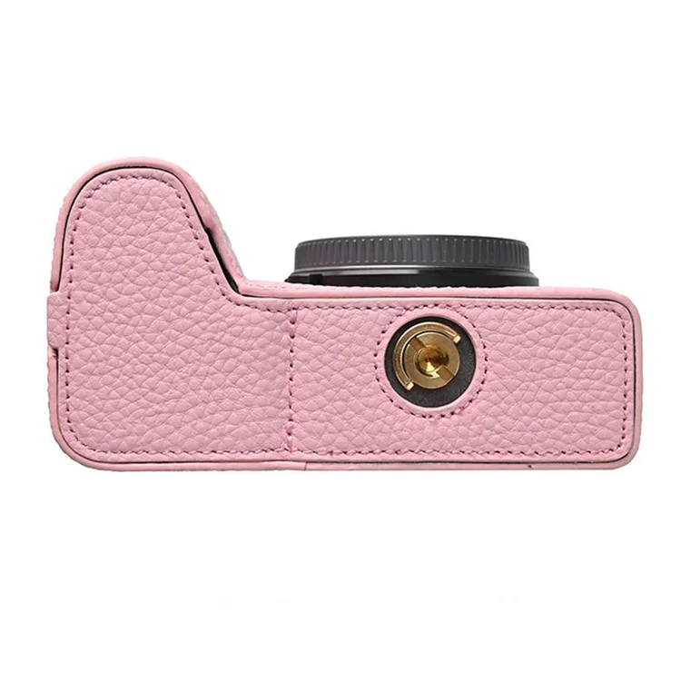 For Sony A6700 Camera Case Large Opening Genuine Cow Leather Protector with Wrist Strap - Pink