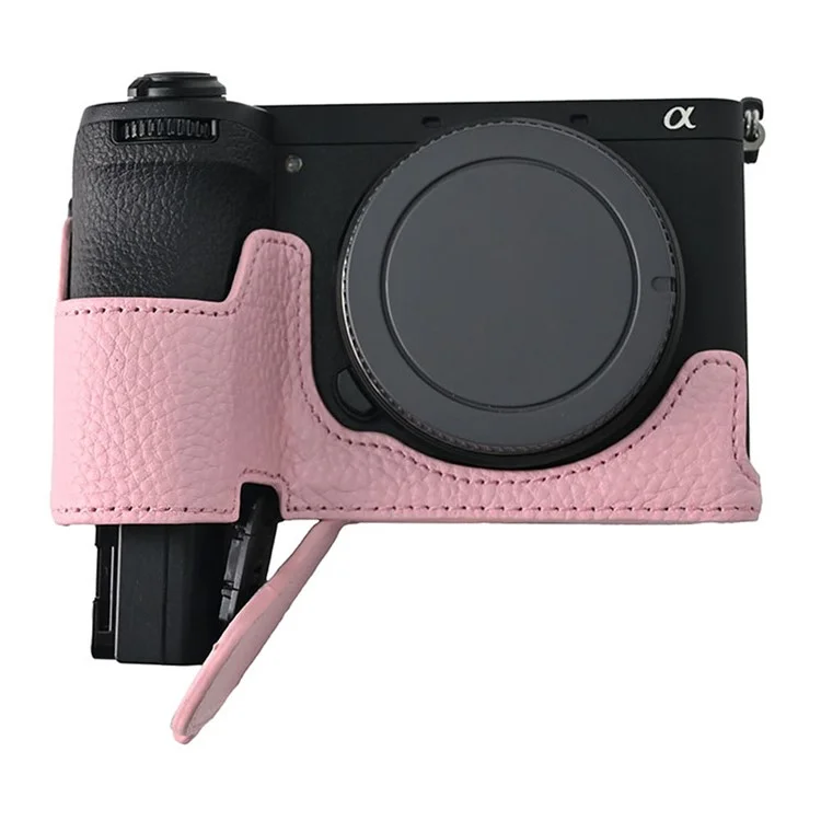 For Sony A6700 Camera Case Large Opening Genuine Cow Leather Protector with Wrist Strap - Pink