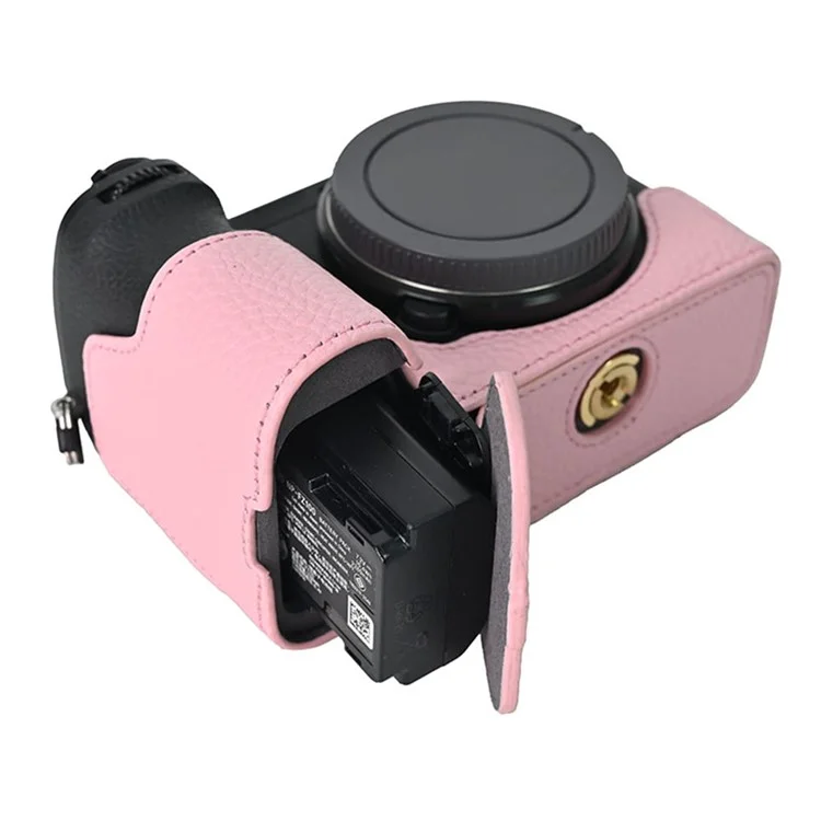 For Sony A6700 Camera Case Large Opening Genuine Cow Leather Protector with Wrist Strap - Pink