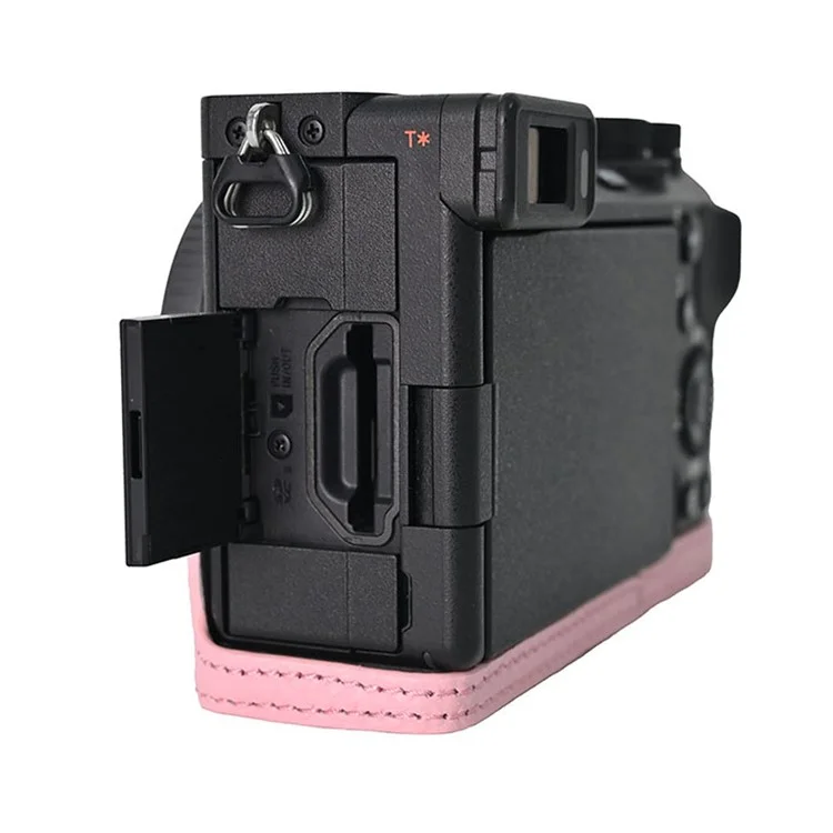 For Sony A6700 Camera Case Large Opening Genuine Cow Leather Protector with Wrist Strap - Pink