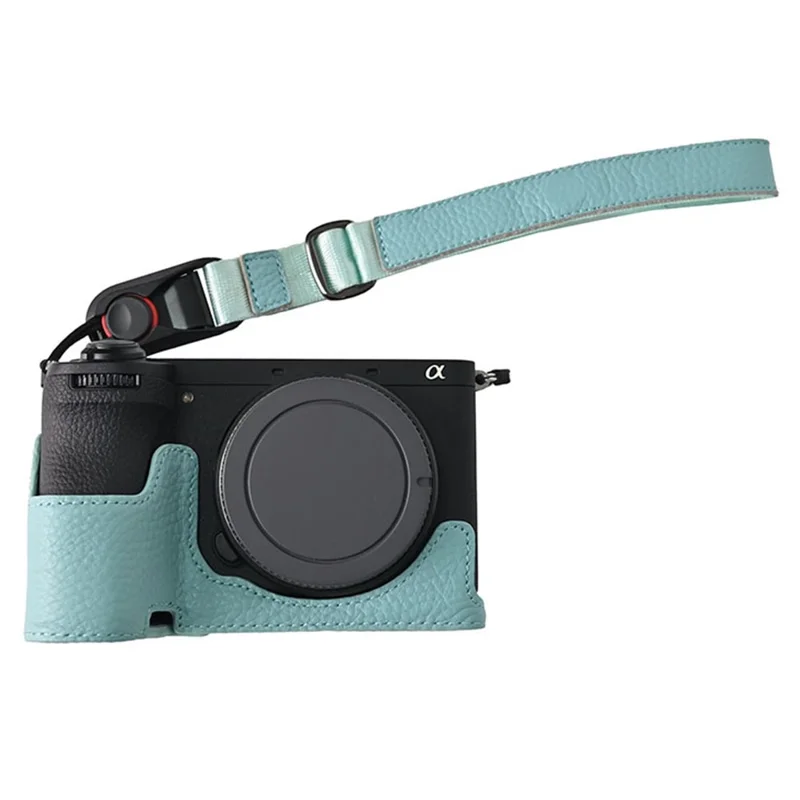 For Sony A6700 Camera Case Large Opening Genuine Cow Leather Protector with Wrist Strap - Baby Blue