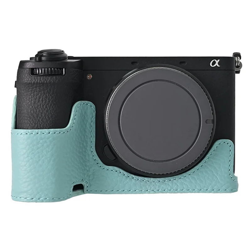 For Sony A6700 Camera Case Large Opening Genuine Cow Leather Protector with Wrist Strap - Baby Blue