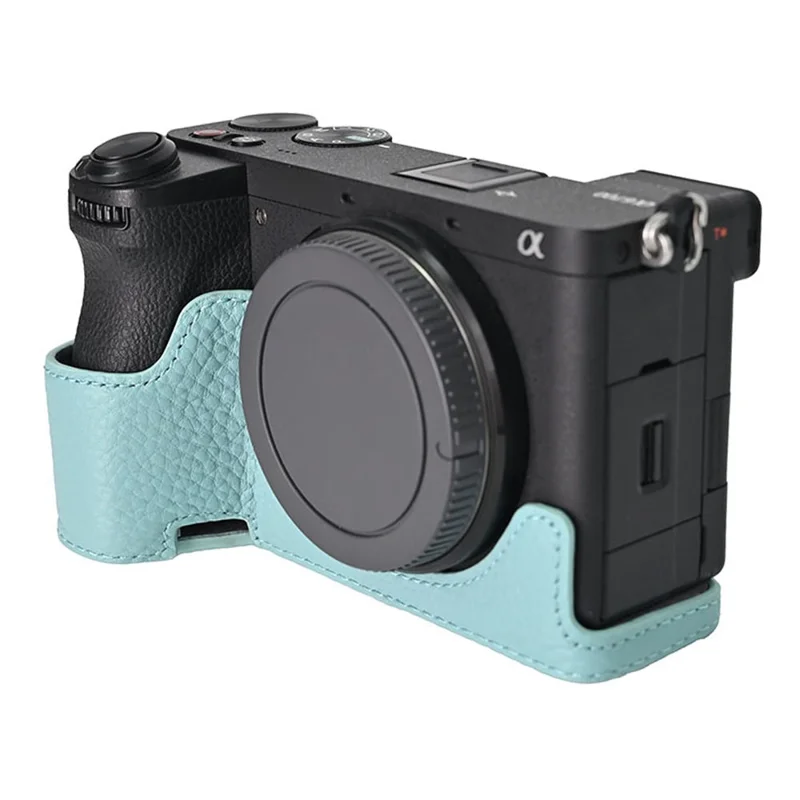 For Sony A6700 Camera Case Large Opening Genuine Cow Leather Protector with Wrist Strap - Baby Blue