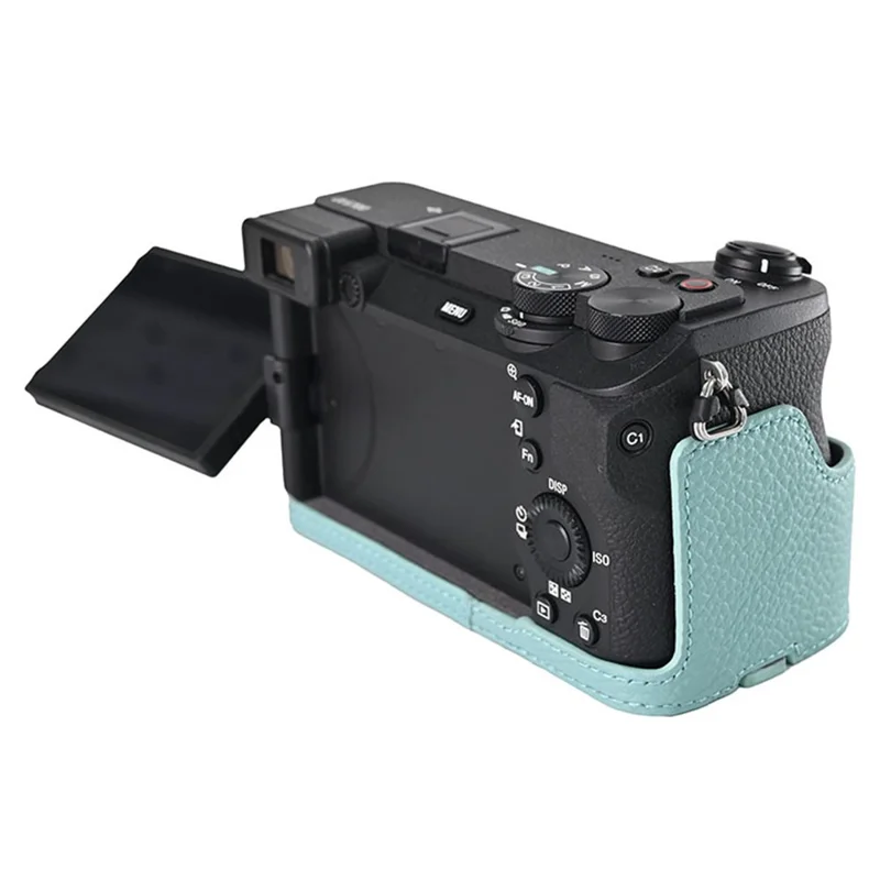 For Sony A6700 Camera Case Large Opening Genuine Cow Leather Protector with Wrist Strap - Baby Blue