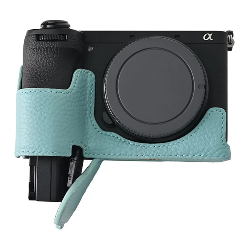 For Sony A6700 Camera Case Large Opening Genuine Cow Leather Protector with Wrist Strap - Baby Blue