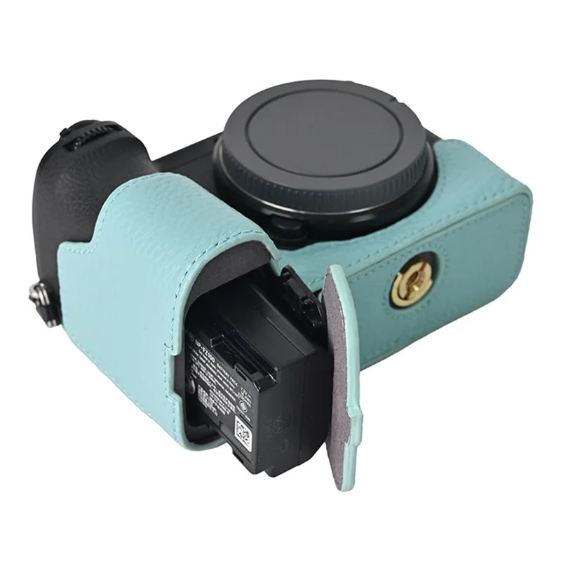 For Sony A6700 Camera Case Large Opening Genuine Cow Leather Protector with Wrist Strap - Baby Blue