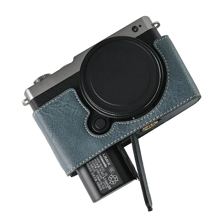 Чехол для фотоаппарата Panasonic Lumix S9 с плечевым ремнем, большим вырезом, текстурой из лакированной кожи PU - синий