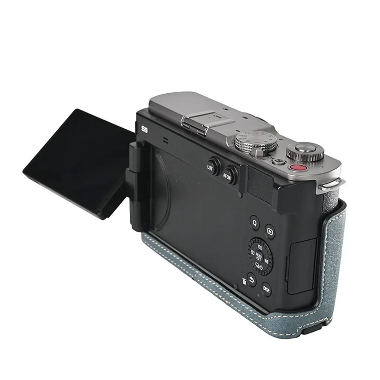 Чехол для фотоаппарата Panasonic Lumix S9 с плечевым ремнем, большим вырезом, текстурой из лакированной кожи PU - синий