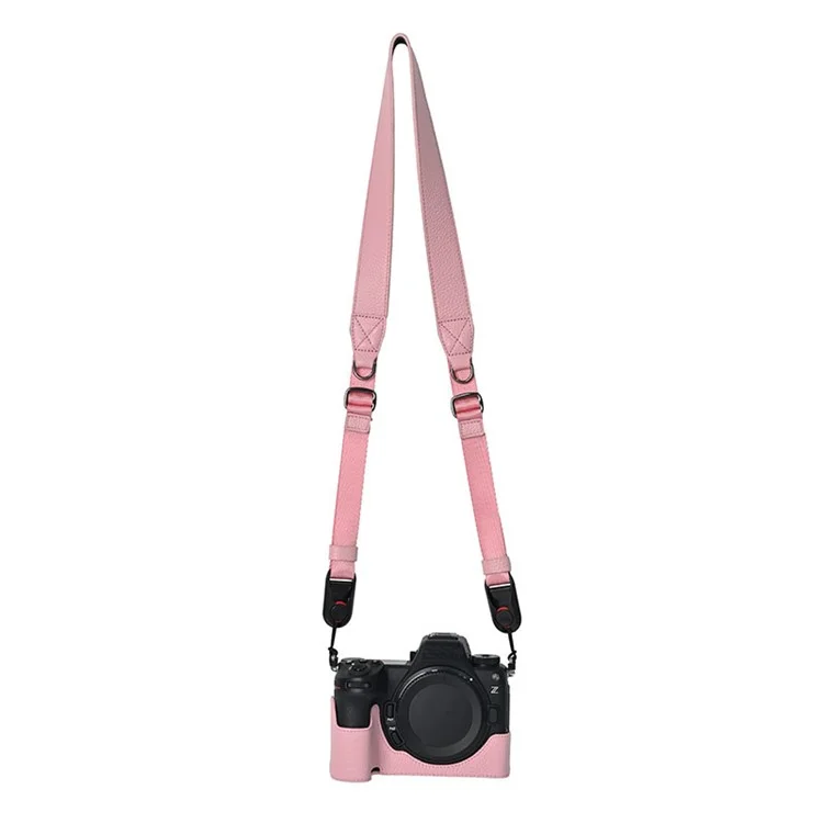 For Nikon Z6 III Camera Case Large Opening Genuine Cow Leather Protector with Shoulder Strap - Pink