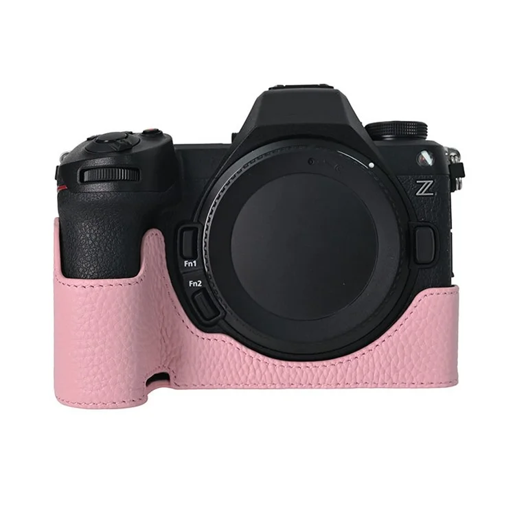For Nikon Z6 III Camera Case Large Opening Genuine Cow Leather Protector with Shoulder Strap - Pink