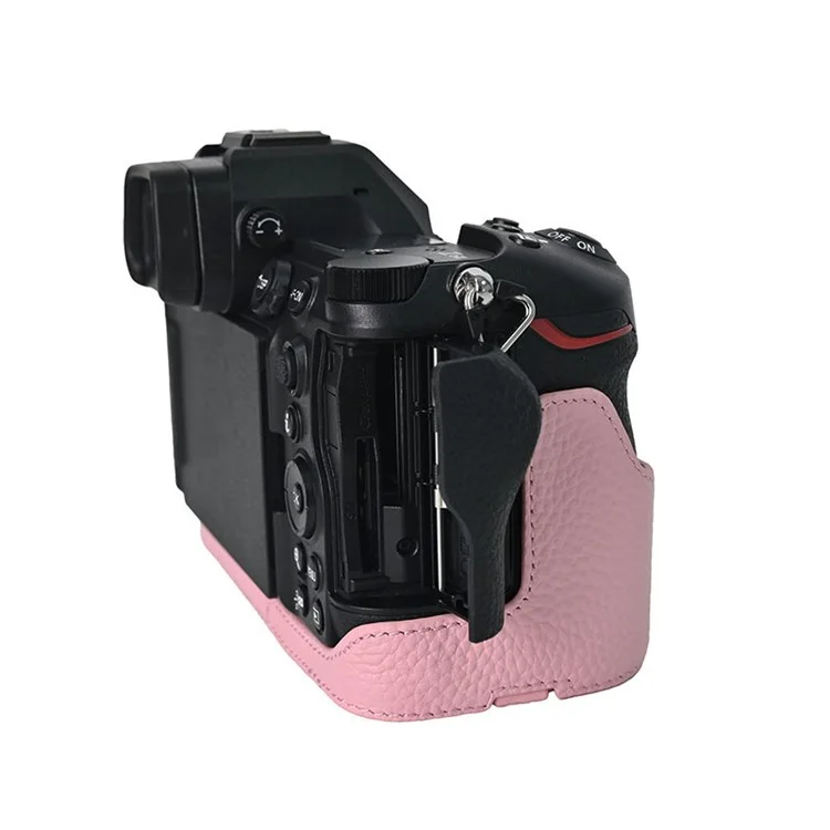 For Nikon Z6 III Camera Case Large Opening Genuine Cow Leather Protector with Shoulder Strap - Pink