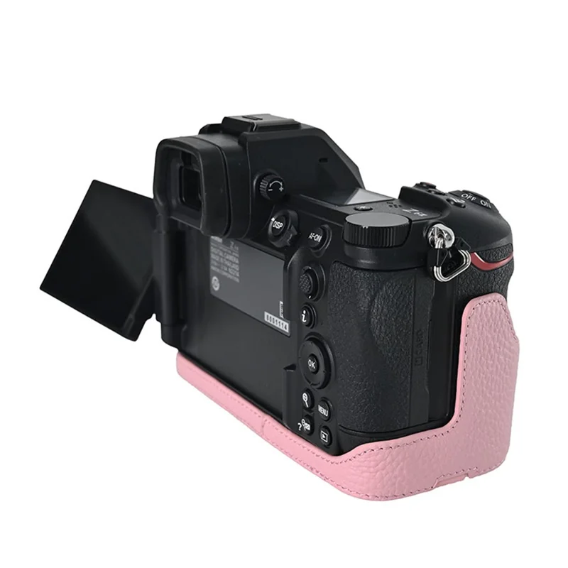 For Nikon Z6 III Camera Case Large Opening Genuine Cow Leather Protector with Shoulder Strap - Pink