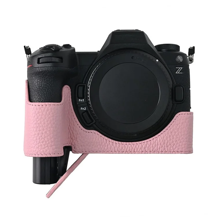For Nikon Z6 III Camera Case Large Opening Genuine Cow Leather Protector with Shoulder Strap - Pink