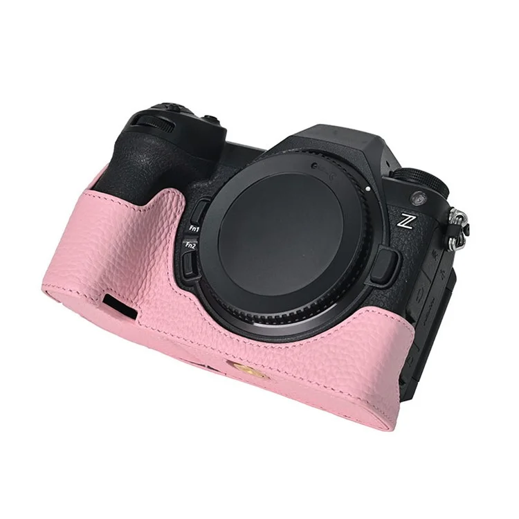 For Nikon Z6 III Camera Case Large Opening Genuine Cow Leather Protector with Shoulder Strap - Pink