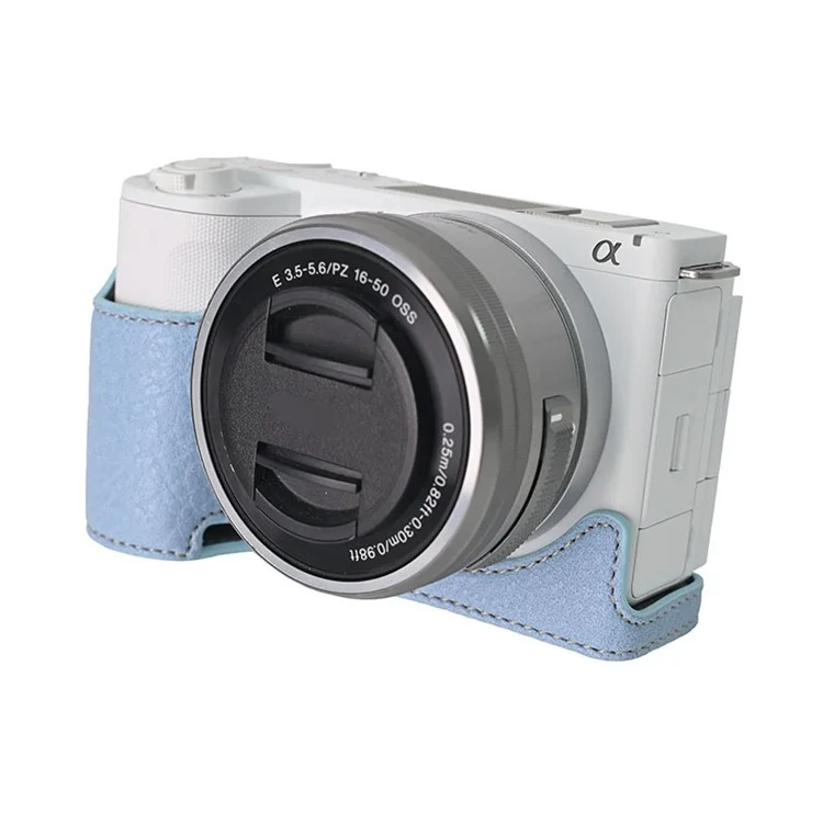 For Sony Alpha ZV-E10 II Camera Case with Shoulder Strap Large Cutout Litchi Texture PU Protective Cover - Blue