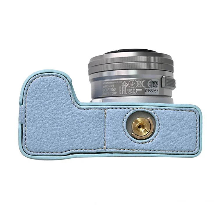 For Sony Alpha ZV-E10 II Camera Case with Shoulder Strap Large Cutout Litchi Texture PU Protective Cover - Blue
