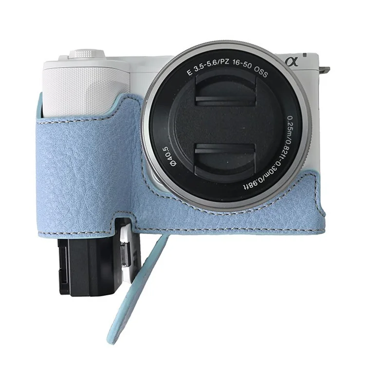 For Sony Alpha ZV-E10 II Camera Case with Shoulder Strap Large Cutout Litchi Texture PU Protective Cover - Blue