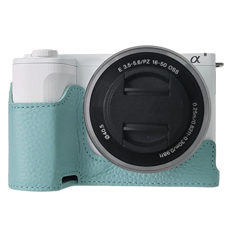 For Sony Alpha ZV-E10 II Camera Case Large Cutout Genuine Cow Leather Protective Cover - Blue