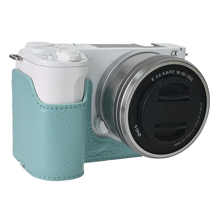 For Sony Alpha ZV-E10 II Camera Case Large Cutout Genuine Cow Leather Protective Cover - Blue