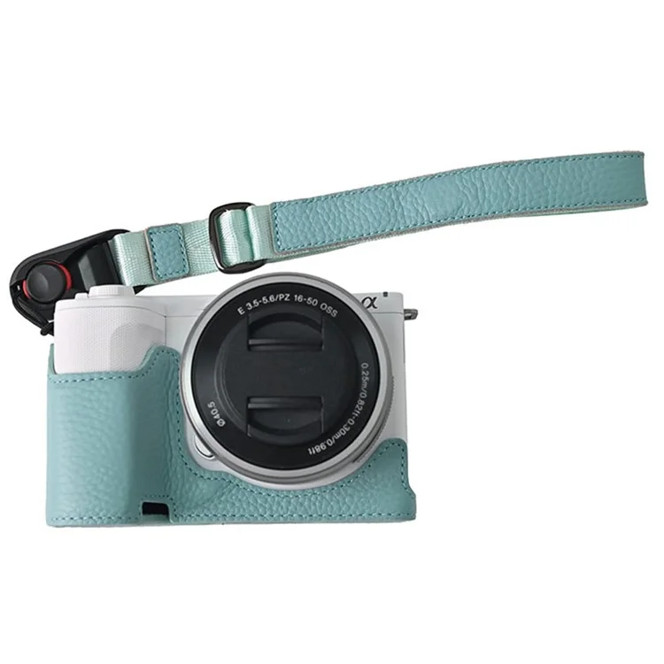 For Sony Alpha ZV-E10 II Camera Case Large Opening Genuine Cow Leather Protector with Wrist Strap - Blue
