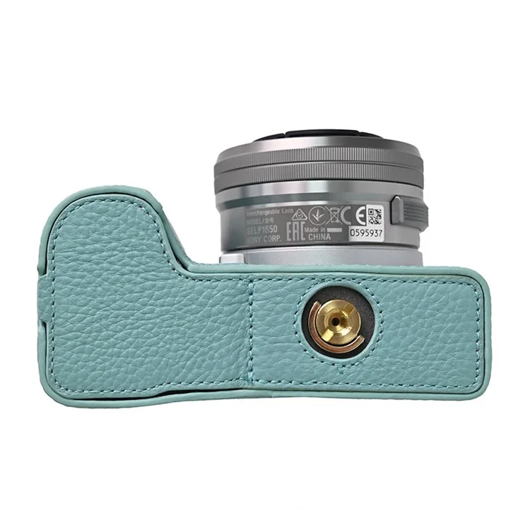 For Sony Alpha ZV-E10 II Camera Case Large Opening Genuine Cow Leather Protector with Wrist Strap - Blue