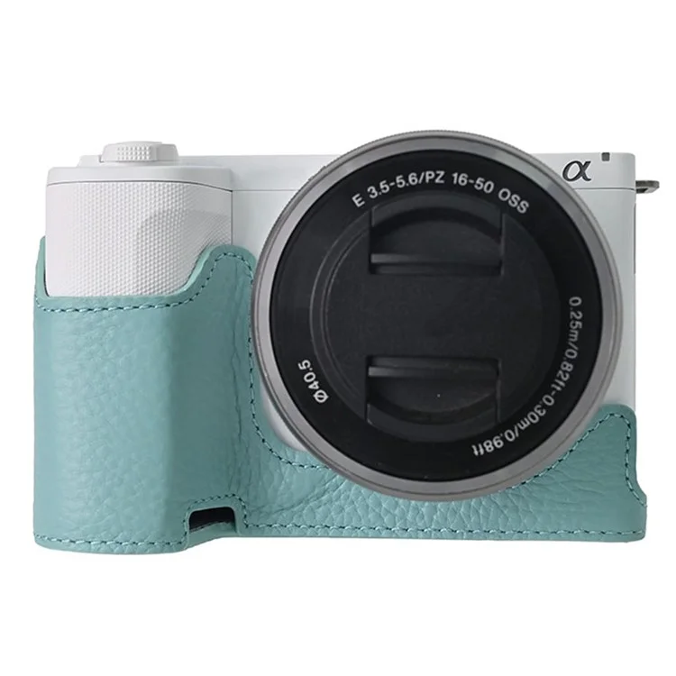 For Sony Alpha ZV-E10 II Camera Case Large Opening Genuine Cow Leather Protector with Wrist Strap - Blue