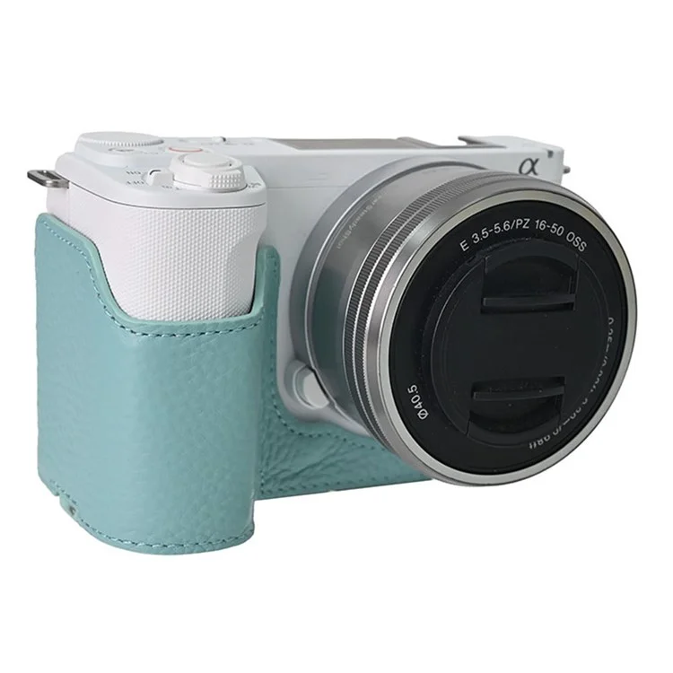 For Sony Alpha ZV-E10 II Camera Case Large Opening Genuine Cow Leather Protector with Wrist Strap - Blue